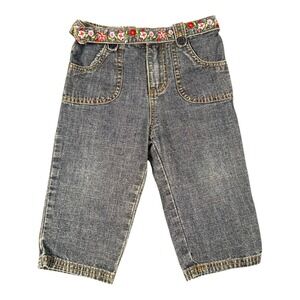 Greendog Baby Girls 18M Blue Denim Jeans Floral Embroidered Belt Elastic Waist